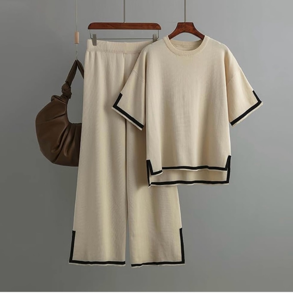 Knit 2 Pieces Sweater Sets Short Sleeve Pullover Tops and Wide Legs Pants